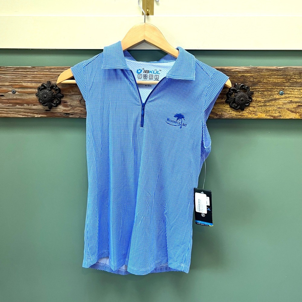IBKUL Womens XS Blue White Gingham IceFil UPF 50+ Sleeveless Golf Polo Shirt NWT